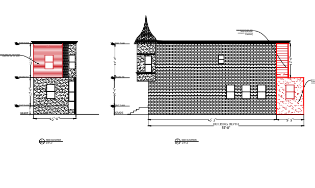 Building elevation drawings with construction annotations