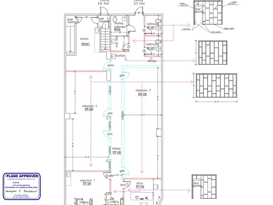 Classroom floor plan with layout and framing details