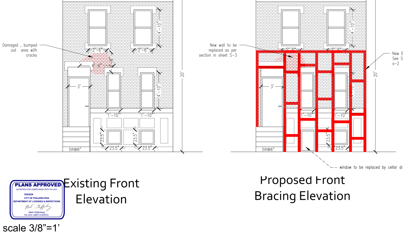 Existing and proposed front elevation with bracing work