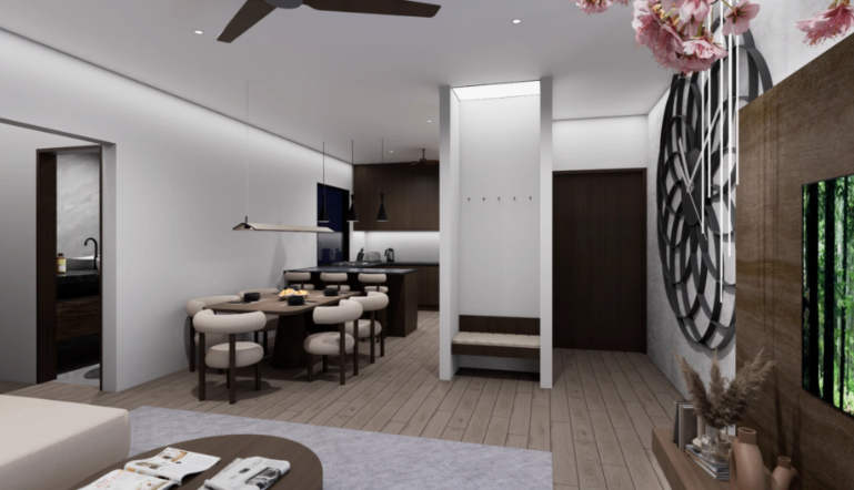 Residential living and dining interior rendering
