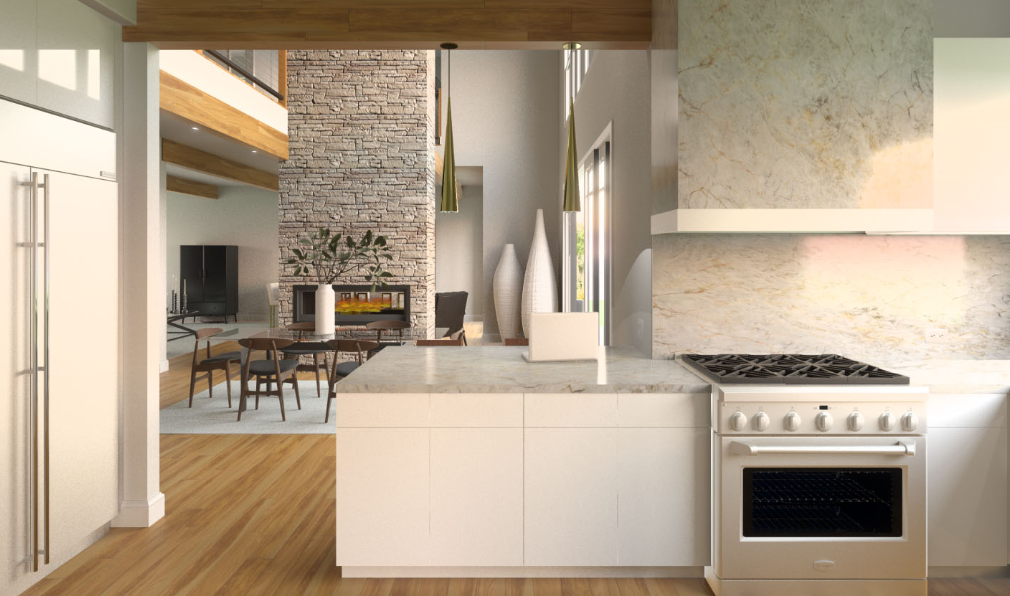 Open-plan kitchen and living interior rendering with stone fireplace