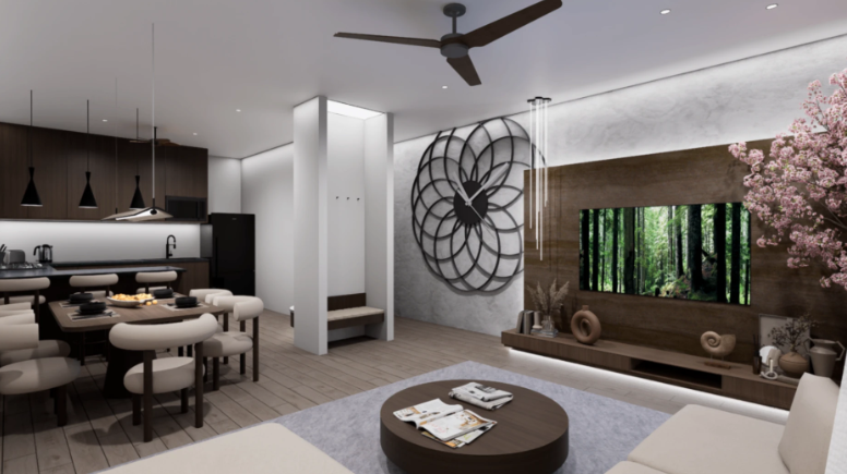 Open-plan living and dining room rendering with modern kitchen