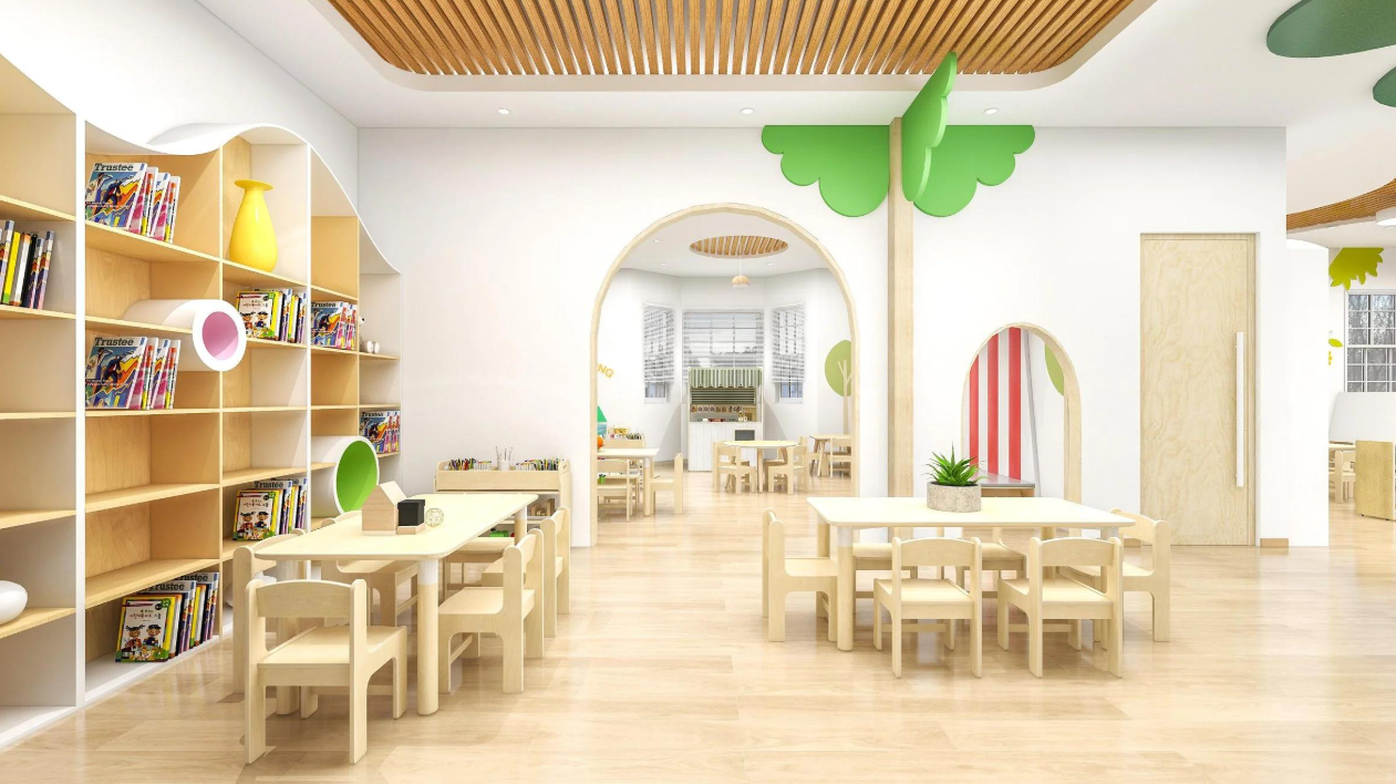 Preschool interior rendering with child-sized tables, bookshelves, and playful green details