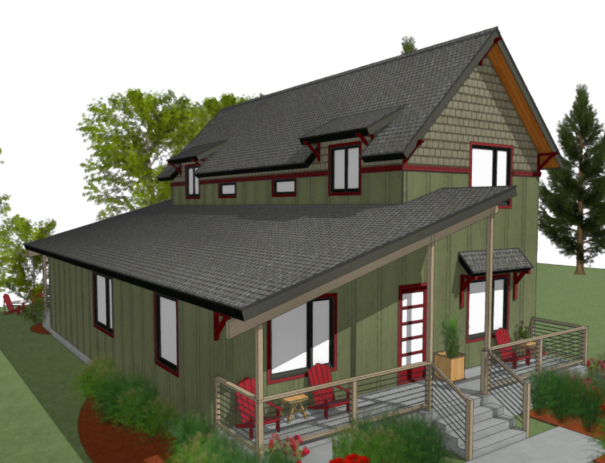 Residential exterior rendering with covered porch and landscaped setting