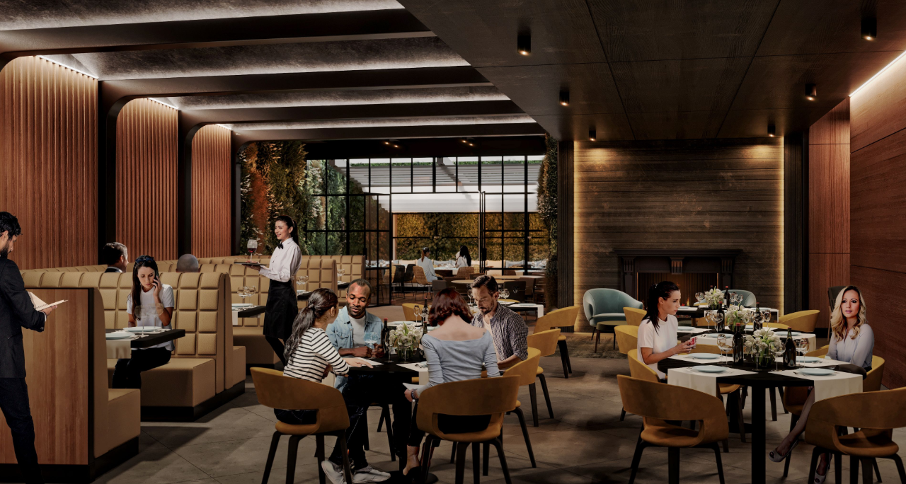 Warm upscale restaurant dining interior rendering with wood paneling and booth seating