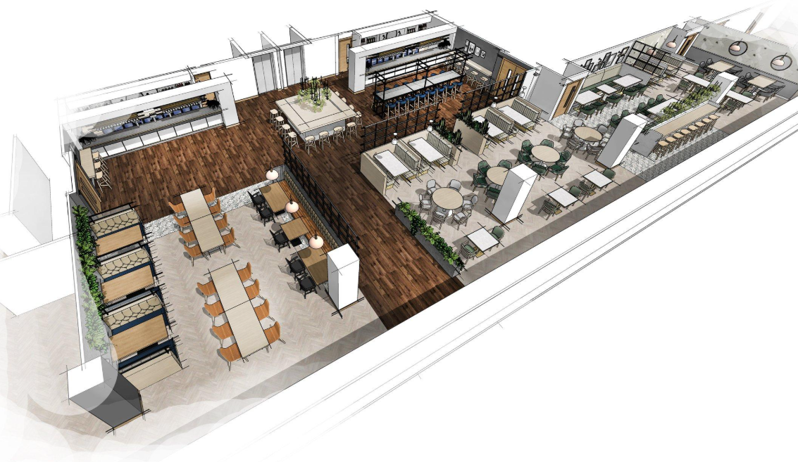 Restaurant dining and bar layout rendering showing furniture, finishes, and circulation