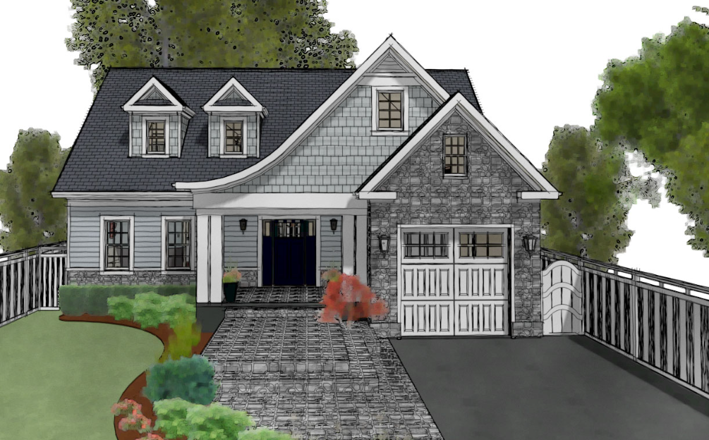 Stone-front residence rendering with garage and landscaped drive