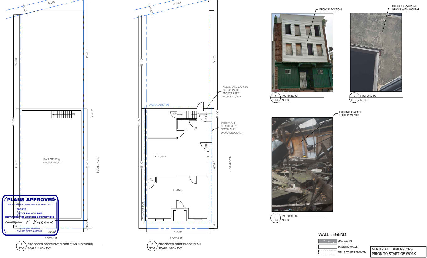 Rowhome construction plans with elevations and reference photographs